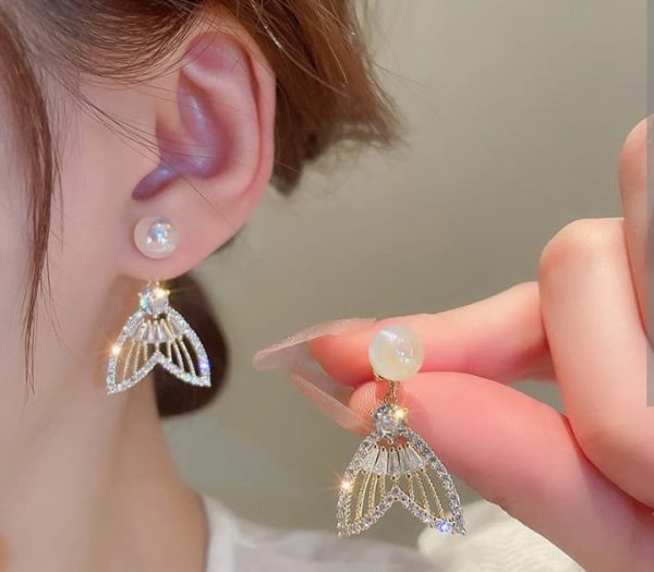 Golden Fishtail Luxury Sparkling Crystal Rhinestones Pearl Earrings For Women Girls Aroesha store